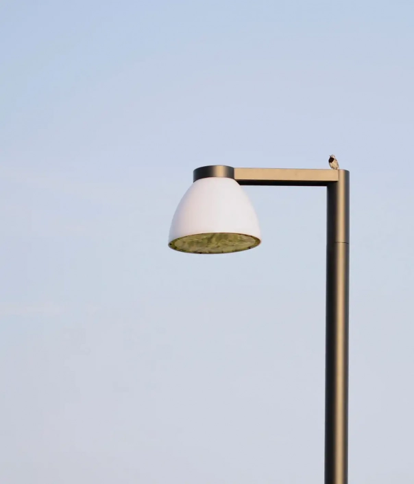 ballo-l807-mastleuchten-10 Moderne Straßenlaterne mit einem kleinen Vogel auf dem horizontalen Arm vor blauem Himmel.