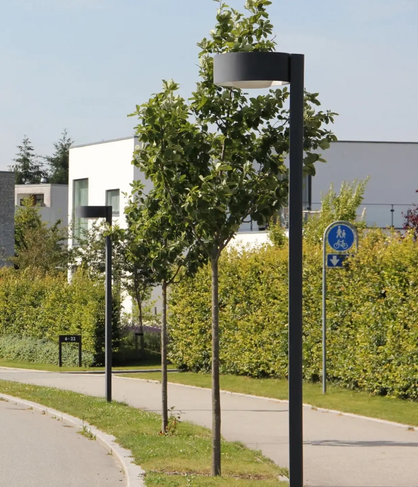 kildebjerg-l910-mastleuchten-14 Asphaltierter Weg durch eine grüne Fläche mit modernen Straßenlaternen und Landschaft im Hintergrund.