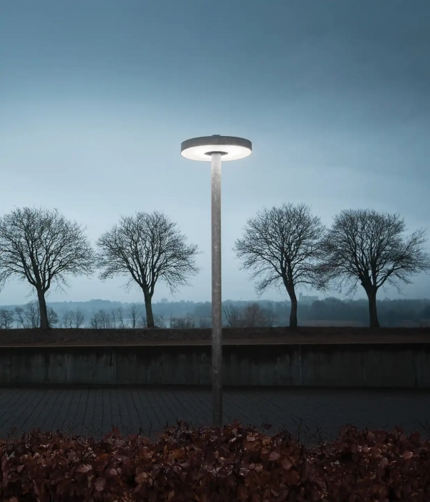 sombrero-l801-mastleuchten-05 Eine moderne Straßenlaterne vor einem winterlichen See oder Fluss, mit kahlen Bäumen im Hintergrund.
