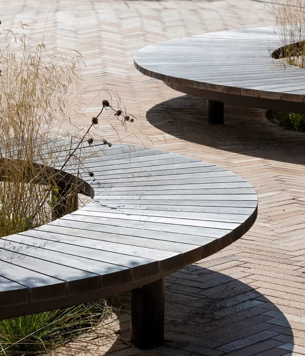 Detailaufnahme einer runden Holzsitzbank mit Schatten eines Baumes auf der Oberfläche.