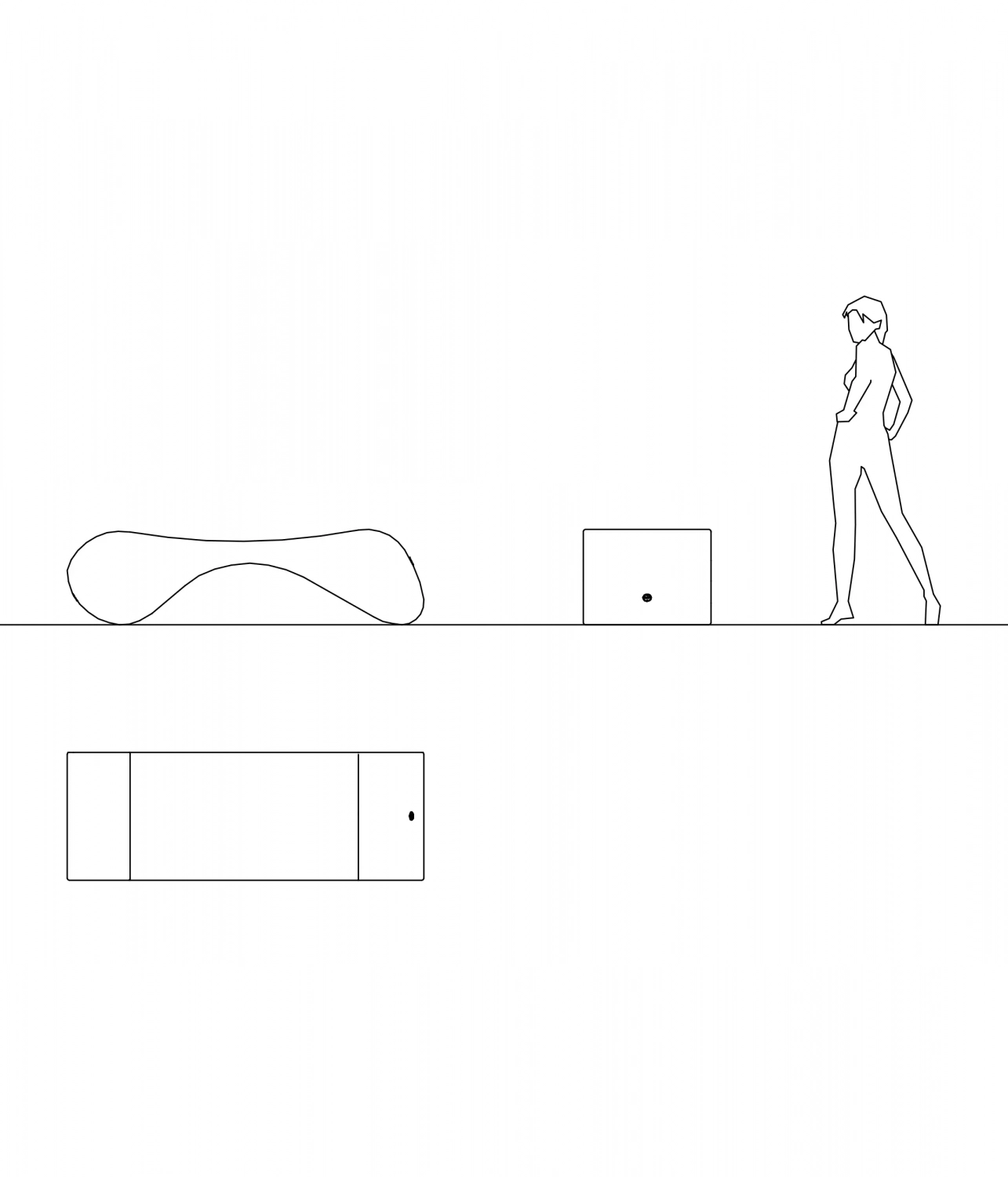 Minimalistische Darstellung eines Raumes mit einer stilisierten menschlichen Figur, die ein organisch geformtes Möbelstück und einen rechteckigen Kasten betrachtet.