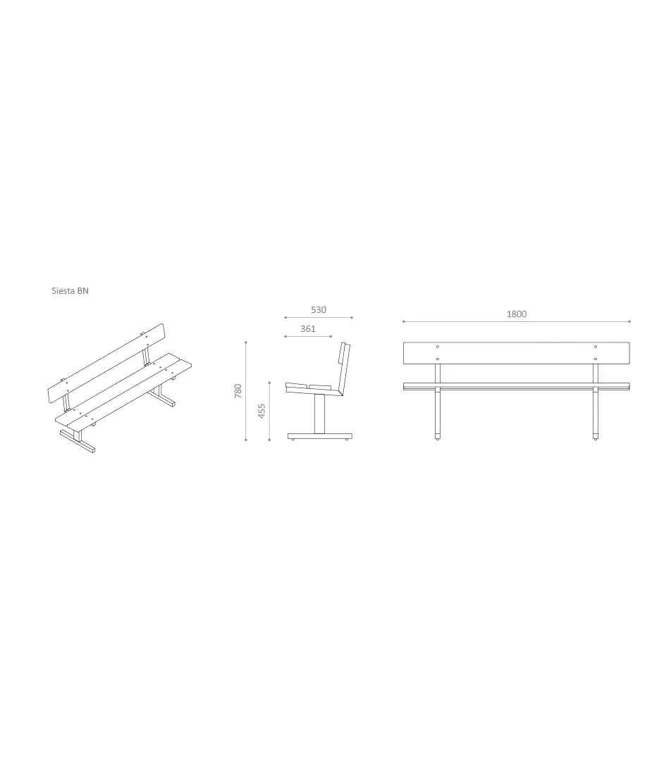 Technische Zeichnung einer Holzbank mit Maßen. Die Bank ist seitlich, frontal und in der Draufsicht dargestellt, mit angegebenen Abmessungen von 1800 mm Länge, 361 mm Breite und 705 mm Höhe.