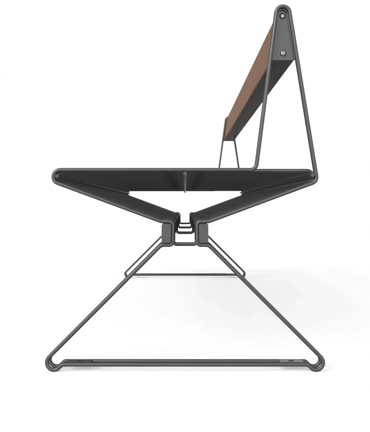 Das Bild zeigt eine moderne Designerbank in Seitenansicht. Die Bank hat eine minimalistische Konstruktion mit einem schwarzen, metallischen Gestell und einer Holzsitzfläche.