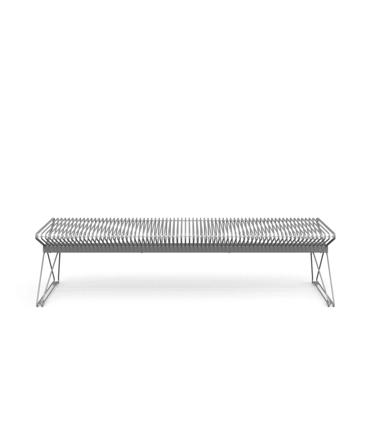 Ein schlichtes, rechteckiges Metallregal mit einem Gitterdesign, das auf zwei stabilen Beinen steht.