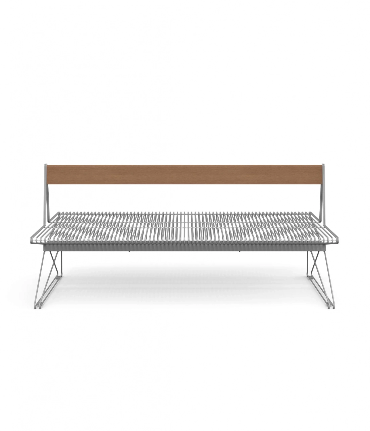 Sicht auf eine moderne, minimalistische Bank mit einem Holzrücken und einem Gestell aus Metallgitter.