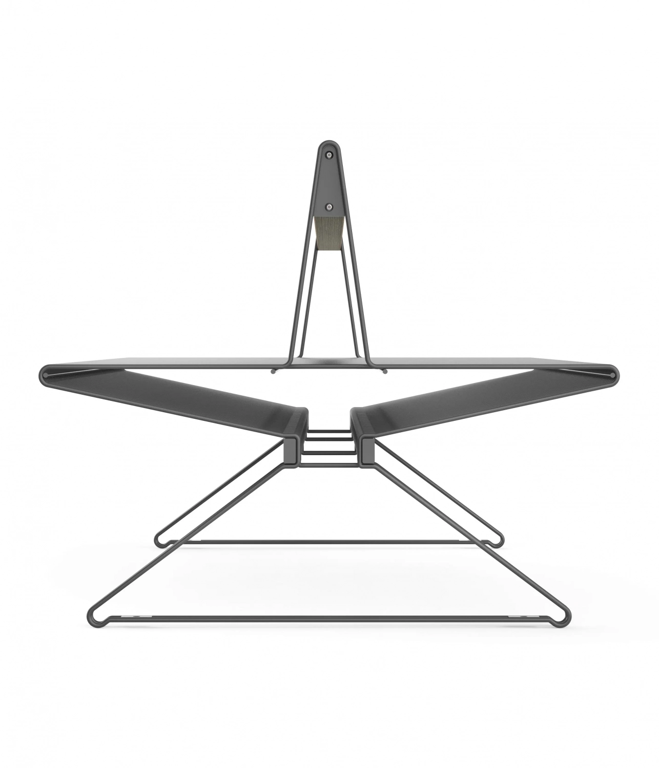 Seitenansicht einer minimalistischen Bank in schwarzer Farbe, welche eine moderne, geometrische Form hat. Die Sitzfläche und Rückenlehne sind aus stabilem Material, und die Beine sind filigran gestaltet, was der Bank ein elegantes Aussehen verleiht.