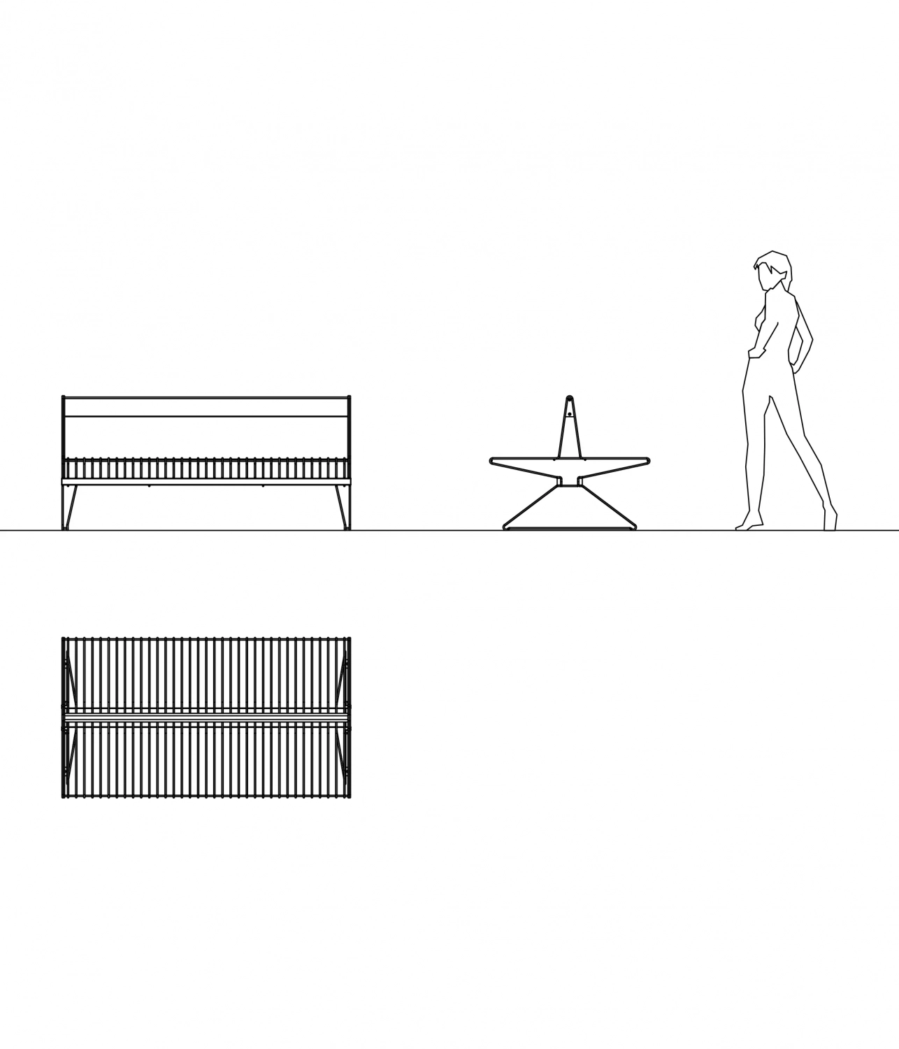 Minimalistische Darstellung eines Wohnraums mit einer Bank, einem Tisch und einer stilisierten menschlichen Figur.