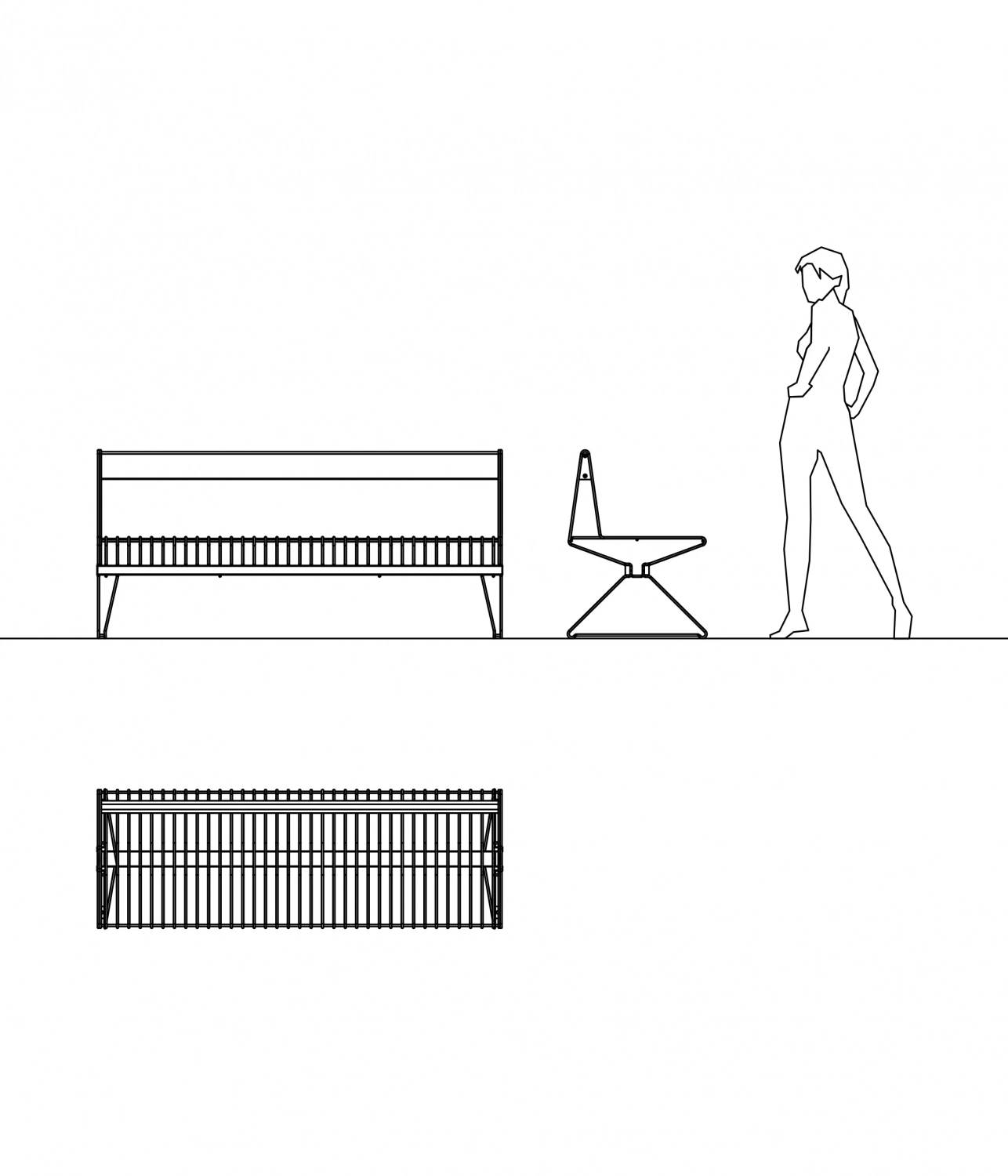 Eine einfache, minimalistische Illustration zeigt eine Person, die neben einer modernen Bank und einem stylischen Stuhl steht. Die Konturen sind in Schwarz, und der Hintergrund ist weiß.