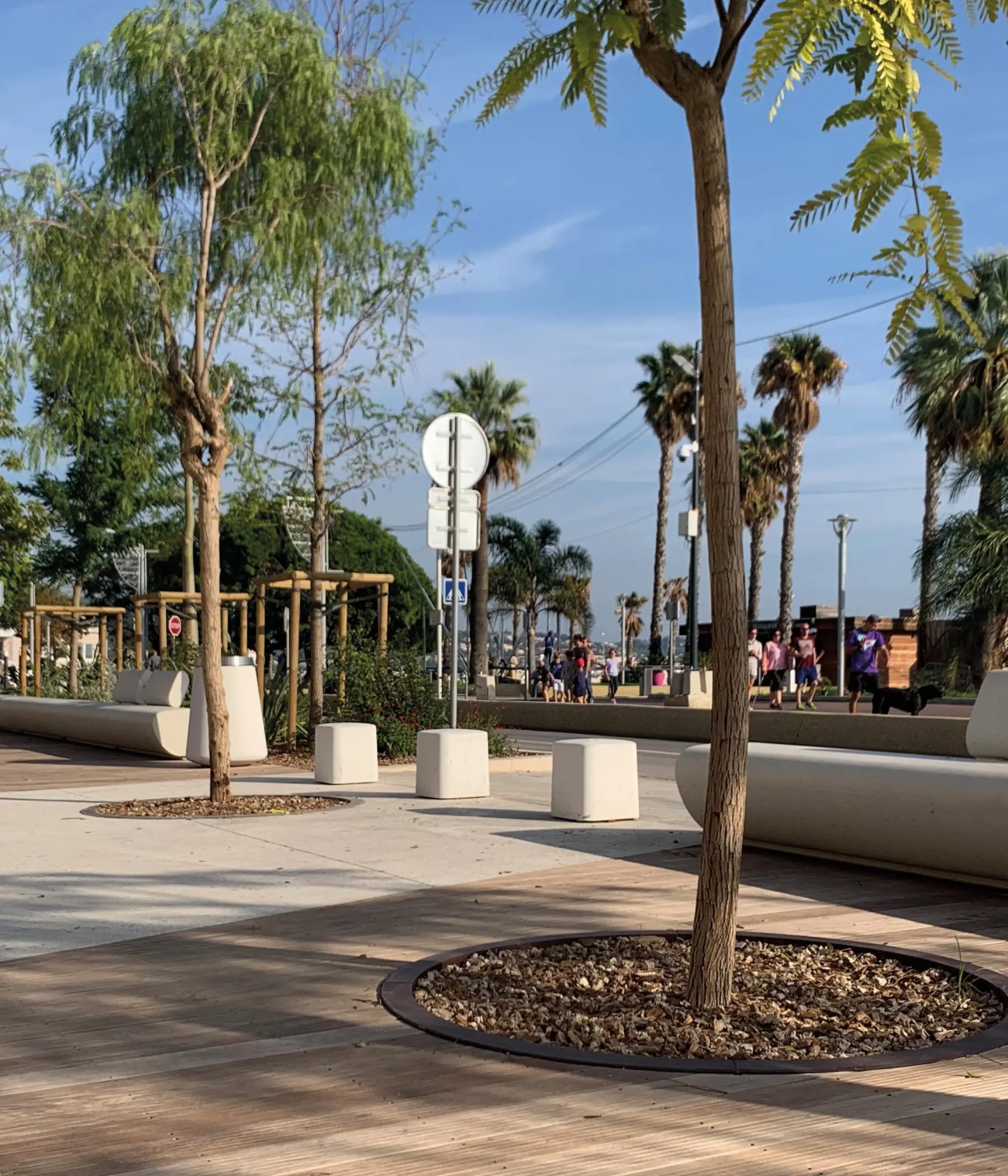 Ein Stadtpark mit modernen Sitzgelegenheiten, Bäumen und Palmen. Im Hintergrund sind Spaziergänger zu sehen.
