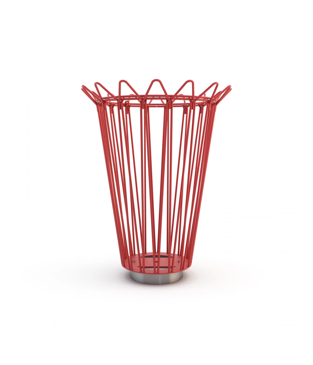 Ein moderner, roter Abfallkorb mit einem gitterartigen Design und einem stabilen Boden.