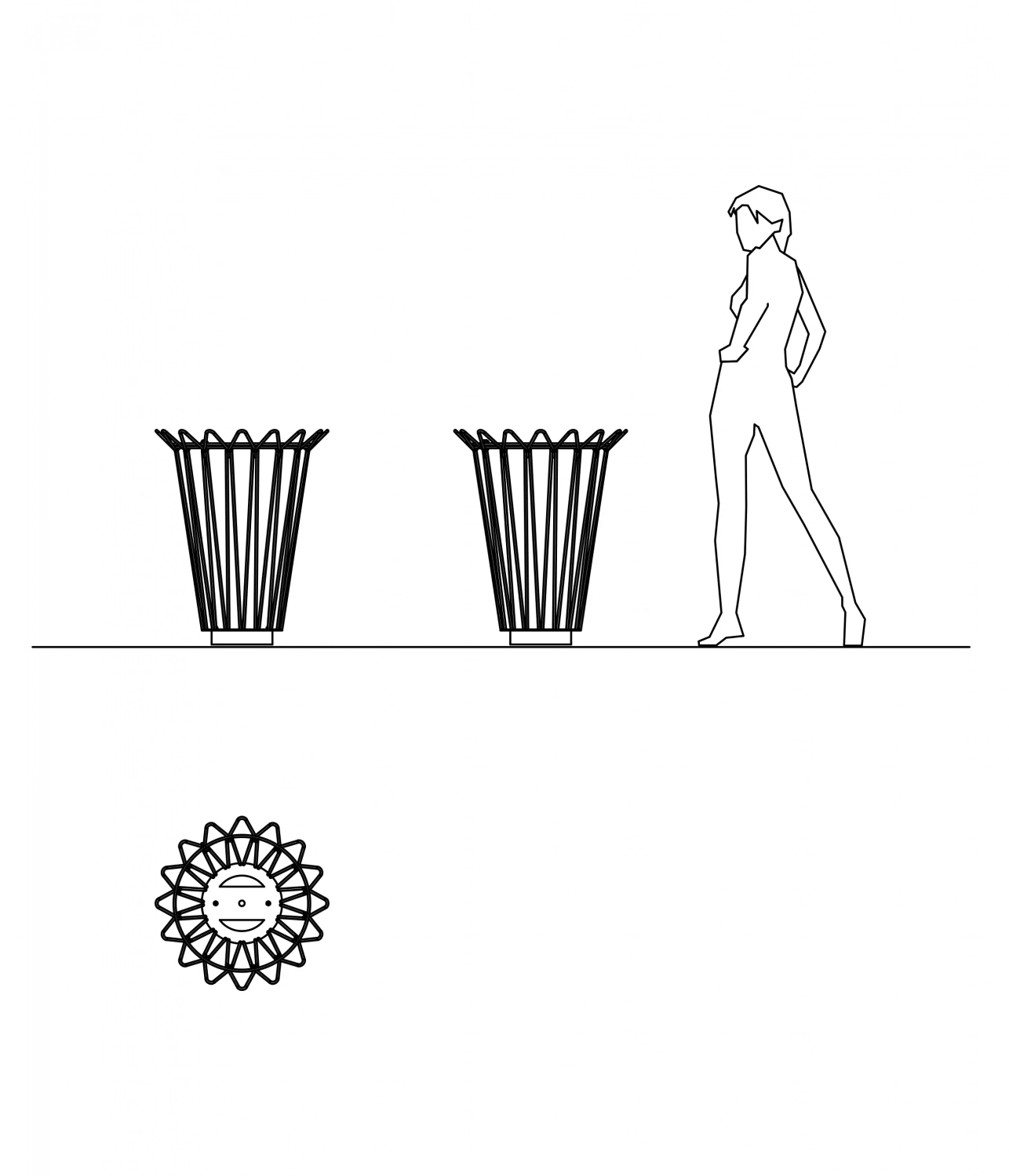 Eine einfache Strichzeichnung zeigt eine Person, die an zwei Mülleimern vorbeigeht. Unterhalb der Mülleimer ist eine stilisierte Sonne abgebildet.