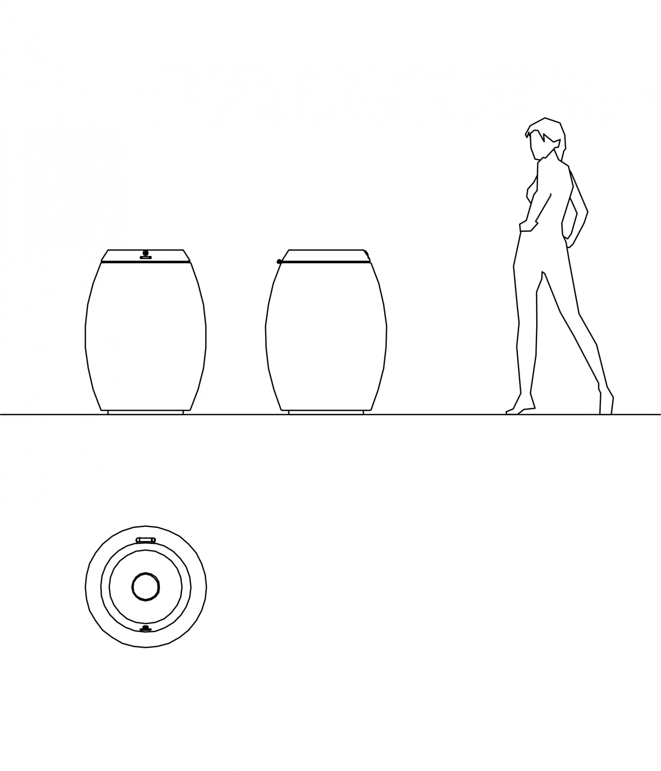 Eine einfache, linienhafte Zeichnung zeigt eine Person, die neben zwei Fässern steht. Unterhalb befindet sich eine detaillierte Darstellung eines der Fässer von oben.