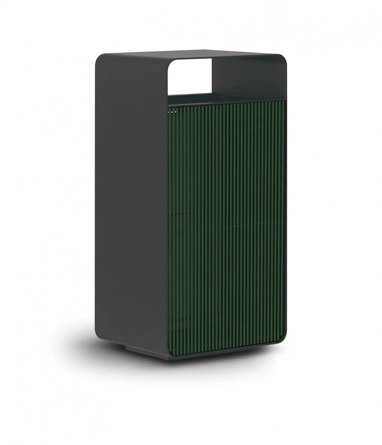 box-line-abfallbehaelter-01 Ein modernerMin einem minimalistischen Design. Die Vorderseite ist mit vertikalen grünen Streifen versehen, während die Rückseite eine schlichte graue Oberfläche hat. Das Gerät hat einen praktischen Griff an der Oberseite.