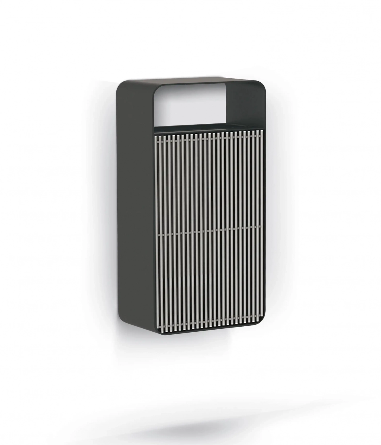 box-line-abfallbehaelter-03 Ein minimalistischer, wandmontierter Mülleimer in Schwarz mit vertikalen Metallstreifen.
