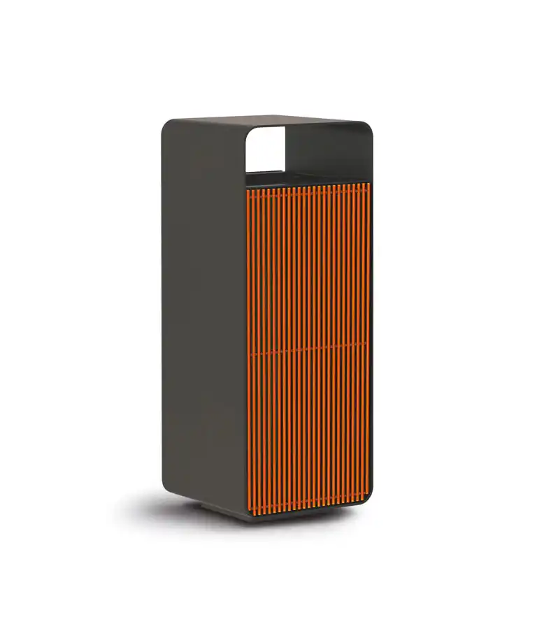 box-line-abfallbehaelter-04 Moderne, minimalistische Stehlampe mit einem schlichten schwarzen Gehäuse und lebhaften, vertikalen orangefarbenen Streifen.