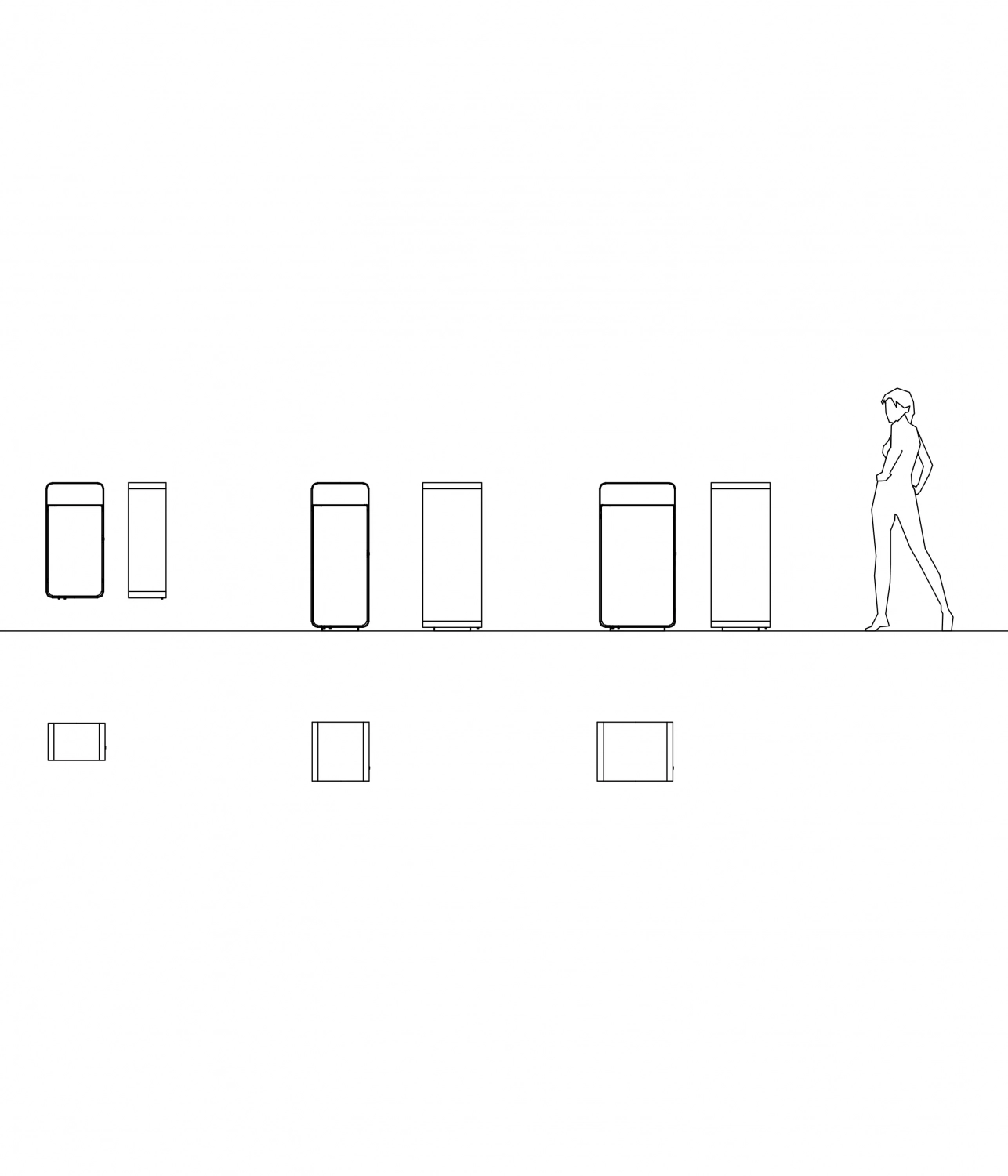 box-solid-abfallbehaelter-02 Ein minimalistisches Diagramm zeigt verschiedene Kühlschrankmodelle in einer Reihe, während eine stilisierte menschliche Figur diese betrachtet.
