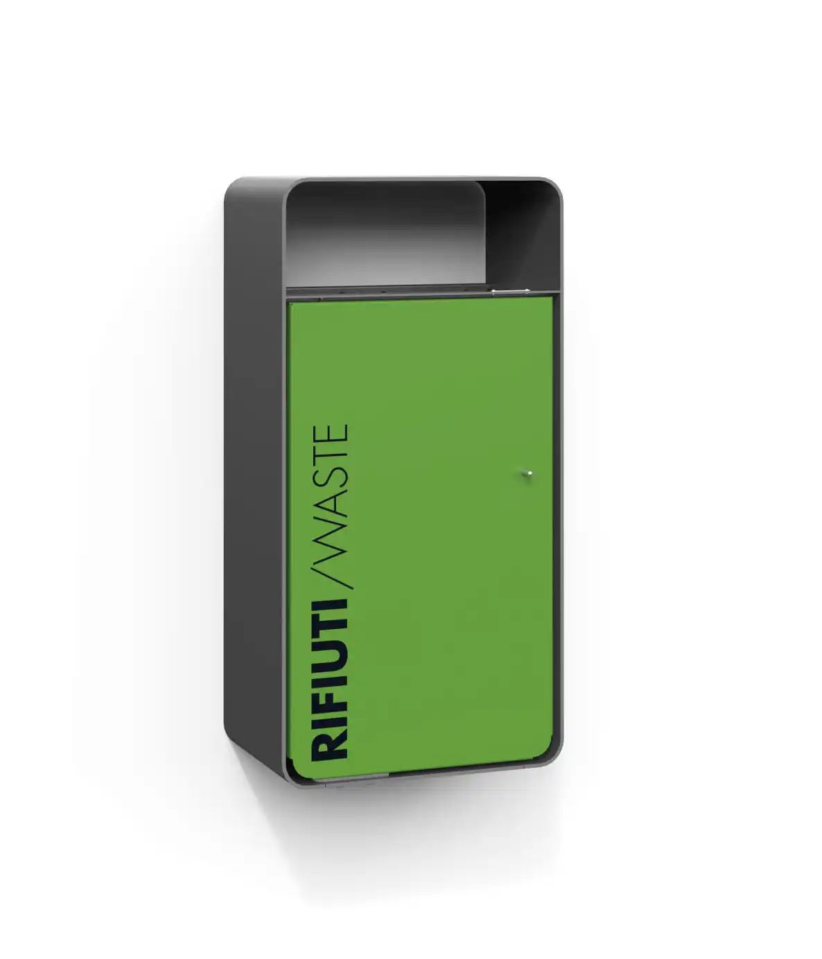 box-solid-abfallbehaelter-03 Eine moderne Abfallstation in Schwarz und Grün mit der Aufschrift „RIFIUTI / WASTE“ auf der Tür.