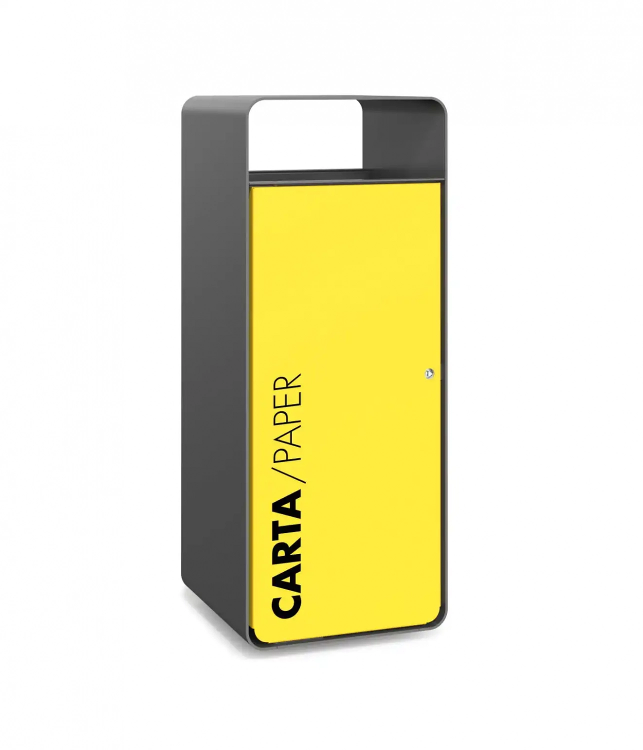 box-solid-abfallbehaelter-04 Moderne Papiermülltonne in Schwarz mit einer leuchtend gelben Tür, auf der das Wort "CARTA/PAPER" steht.
