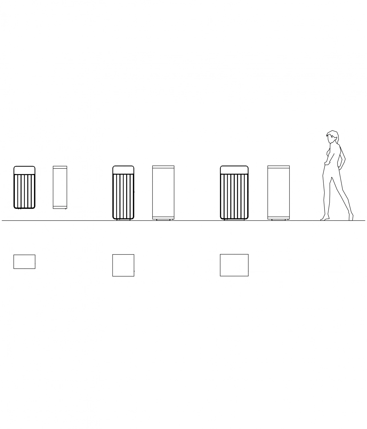 Eine stilisierte Zeichnung, die verschiedene Müllbehälter-Designs zeigt, während eine Figur daneben steht. Die Darstellung ist minimalistisch mit klaren Linien und Fokus auf den Behältern.