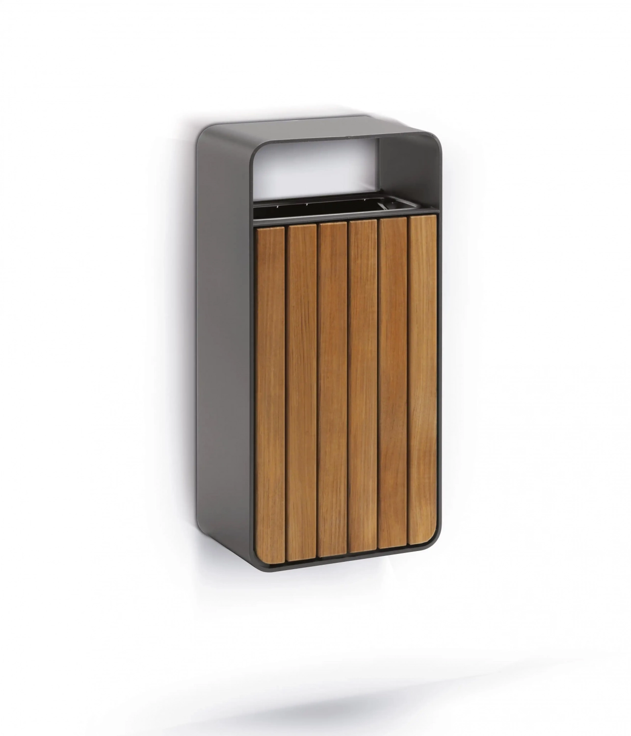 Moderner Wandmülleimer mit einem grauen Metallrahmen und dekorativen Holzleisten.