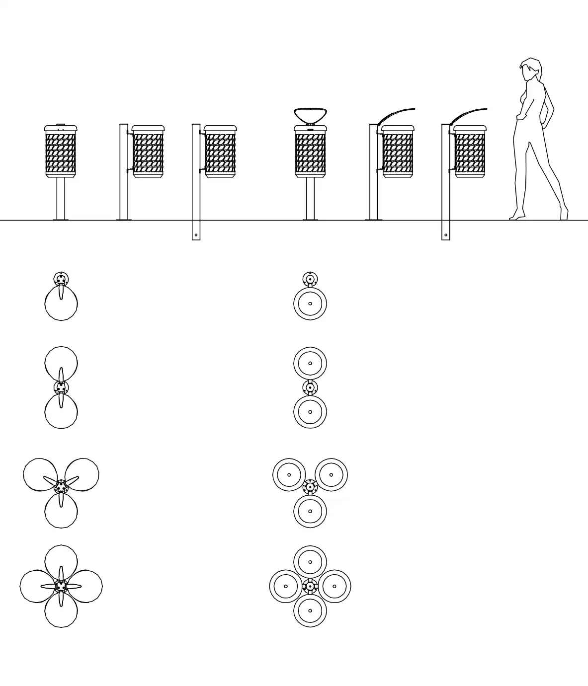 Eine schematische Darstellung von Abfallbehältern und Recyclingstationen in einer Reihe, daneben eine stilisierte Figur, die an den Stationen vorbeigeht. Unterhalb sind verschiedene grafische Darstellungen von floralen und geometrischen Mustern zu sehen.