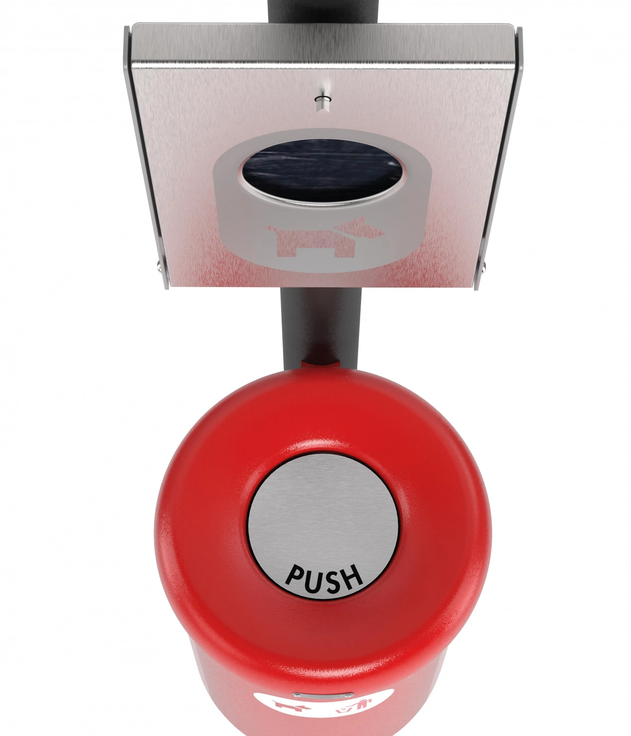 Nahaufnahme eines roten Fußgängerampel-Tasters mit der Aufschrift "PUSH", montiert an einem grauen Schild mit einem Pfeil nach rechts.