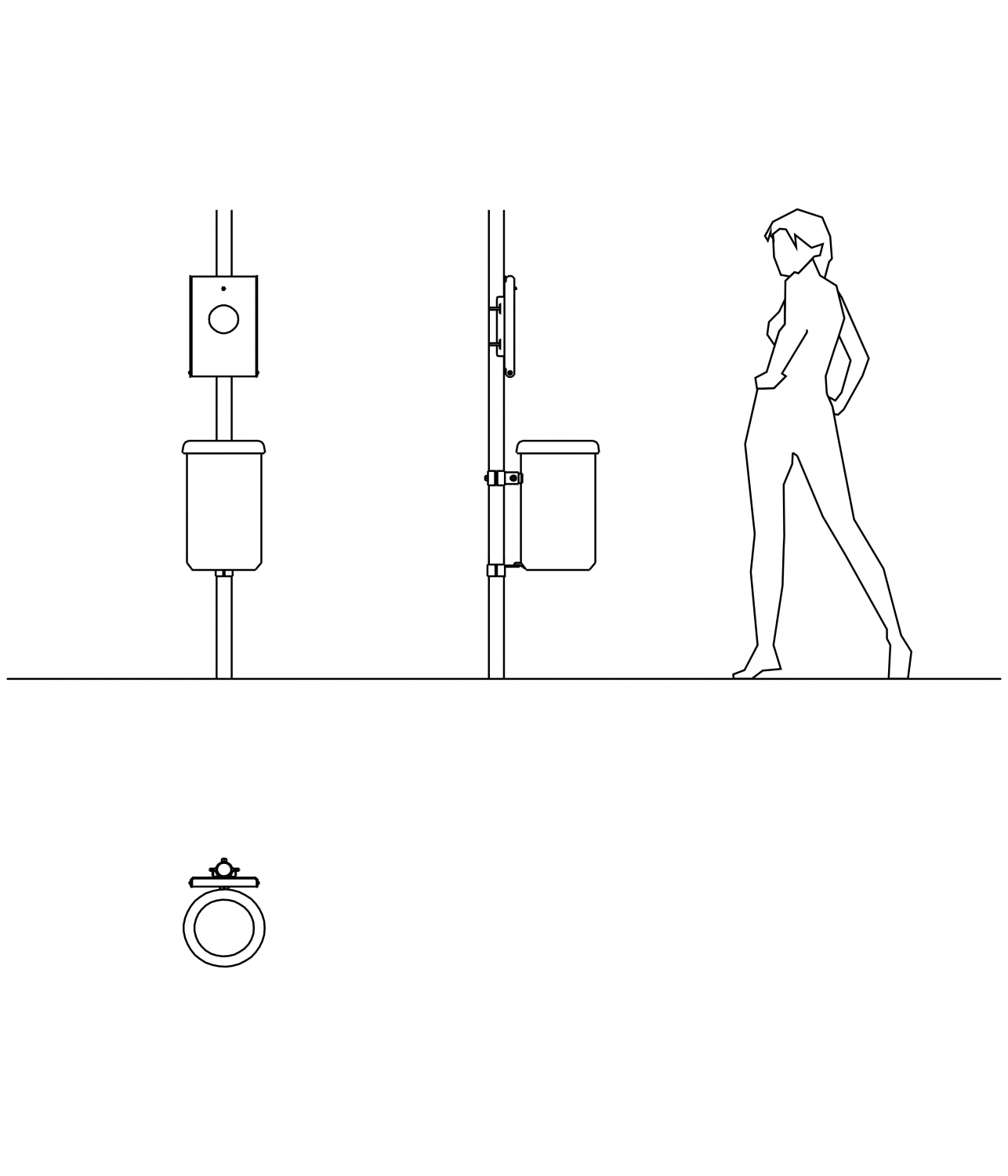 Eine einfache, linienbasierte Illustration zeigt eine Person, die neben einem Mülleimer steht. Links ist ein akustisches Signal dargestellt, das auf die Person hinweist. Unten befindet sich eine skizzierte Darstellung eines Rings.