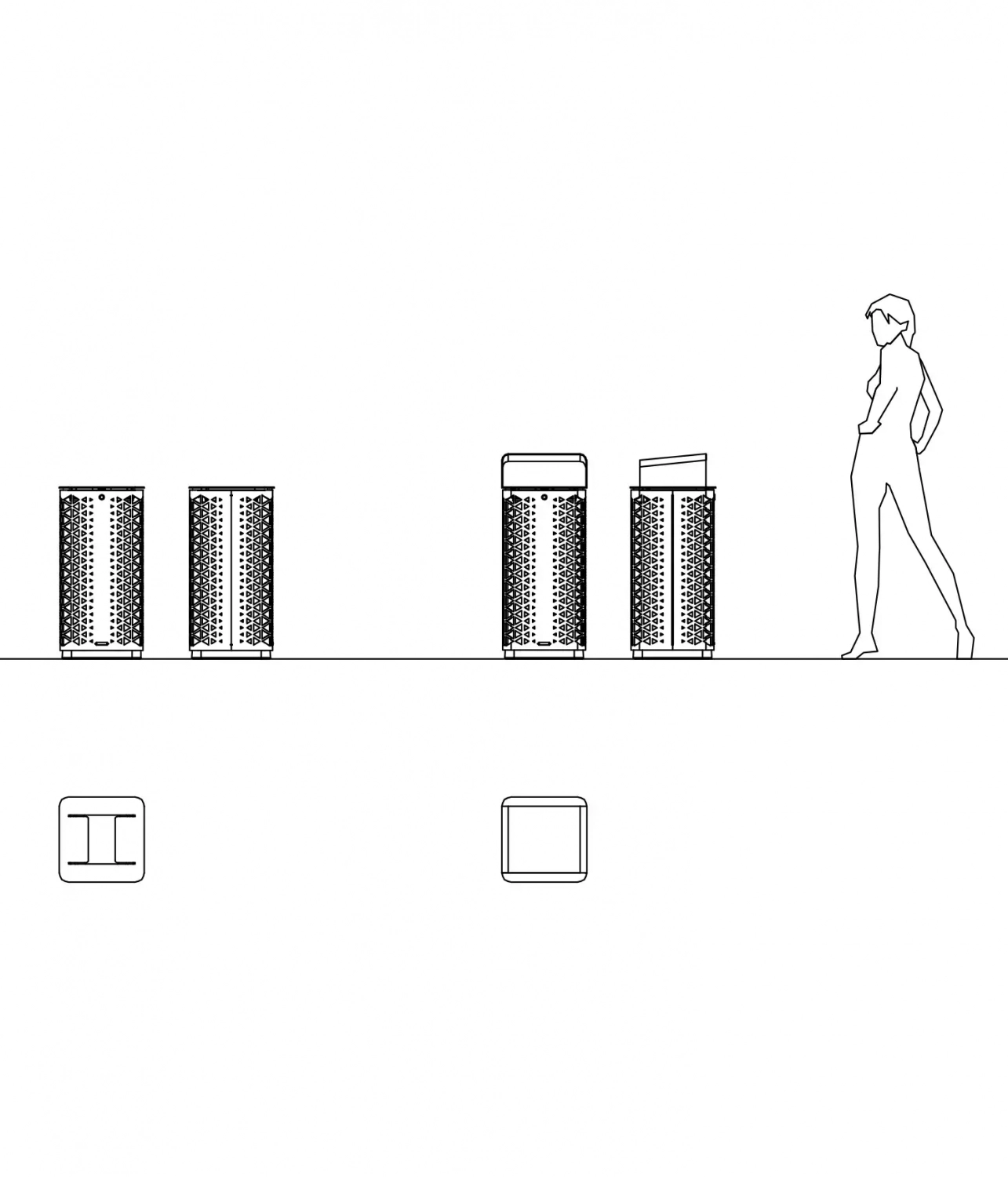 Ein minimalistisches Schwarz-Weiß-Bild, das eine schlanke, stilisierte Figur zeigt, die neben vier unterschiedlich hohen, gestapelten Behältern steht. Unter den Behältern sind zwei einfache Icons abgebildet: ein Kreis und ein Quadrat.