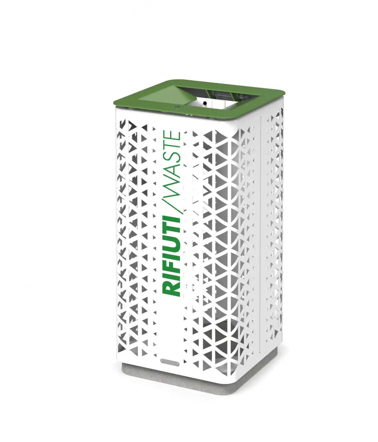 Abfallbehälter aus Metall mit einem modernen Design in Weiß und Grün, beschriftet mit "RIFIUTI / WASTE".