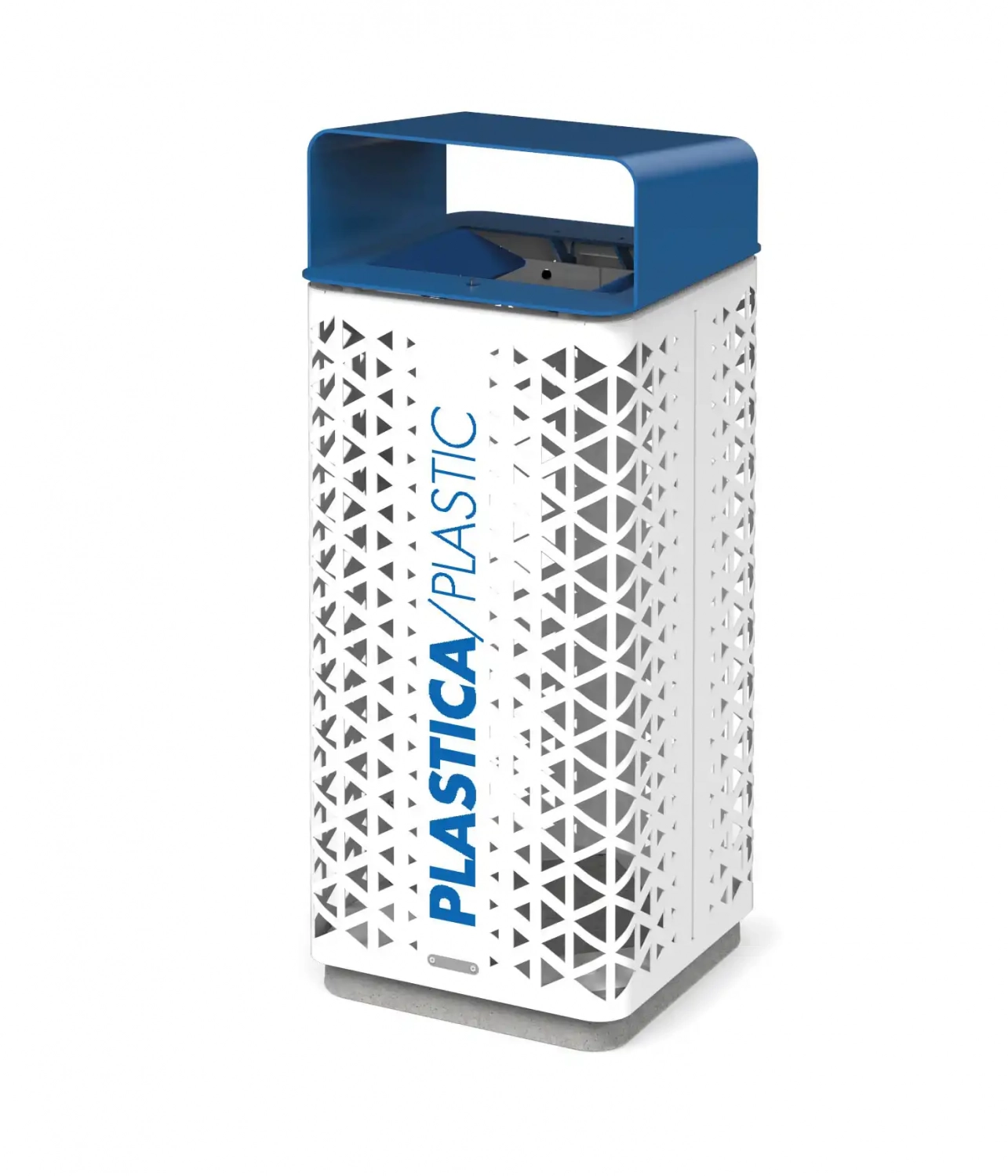 Ein moderner Abfallbehälter für Plastikmüll mit einer weißen, geometrischen Struktur und einem blauen Deckel. Die Vorderseite ist mit dem Wort "PLASTICA" in blauen Buchstaben beschriftet.