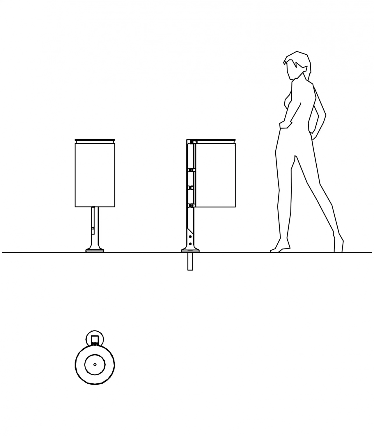 Eine skizzierte Darstellung zeigt eine stehende Person neben zwei vertikalen Objekten. Unten ist eine stilisierte Darstellung einer Draufsicht zu sehen. Die gesamte Illustration ist in einem minimalistischen, linienbasierten Stil gehalten.