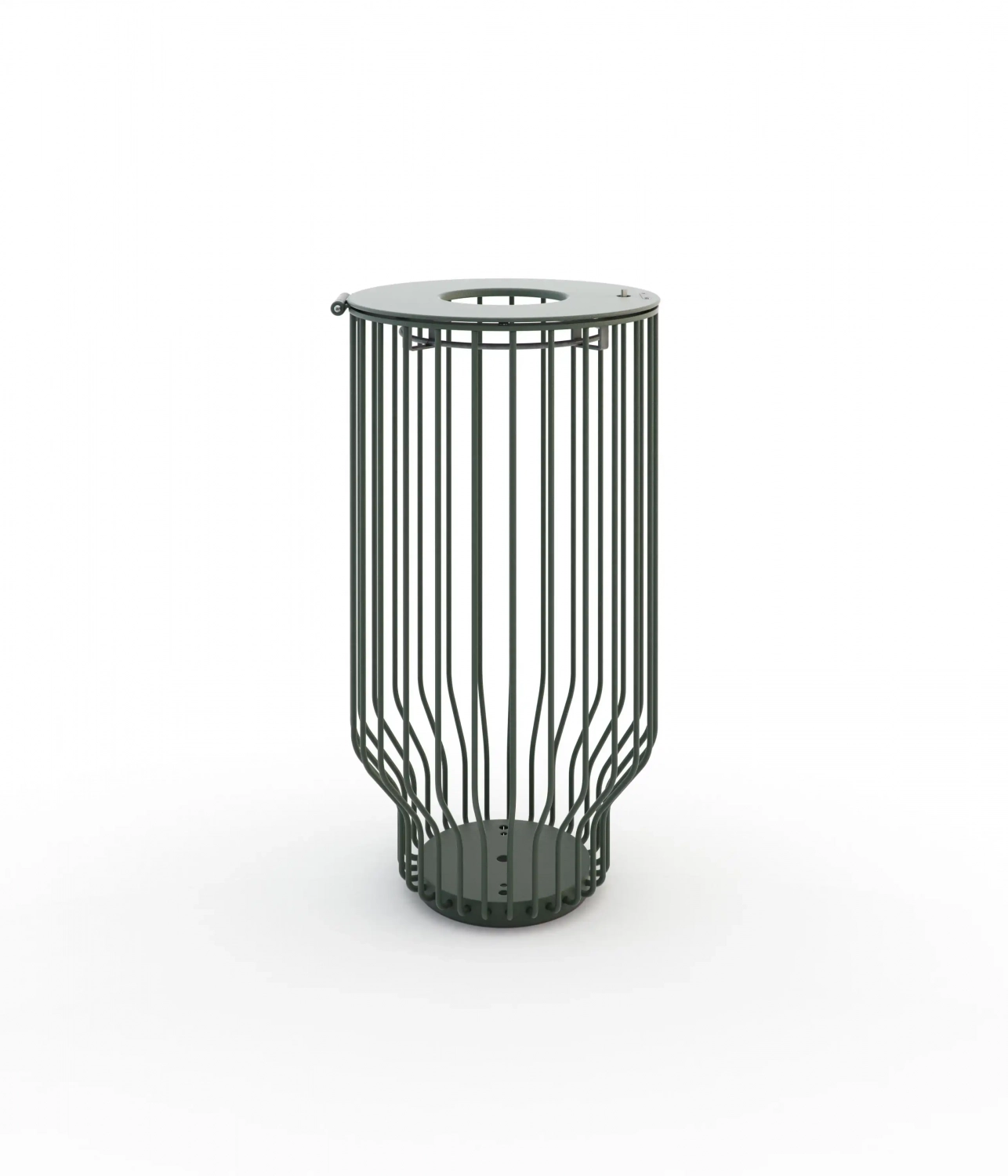 Eine moderne, zylindrische Abfalltonne aus Metall mit vertikalen Streben und einem runden Deckel.