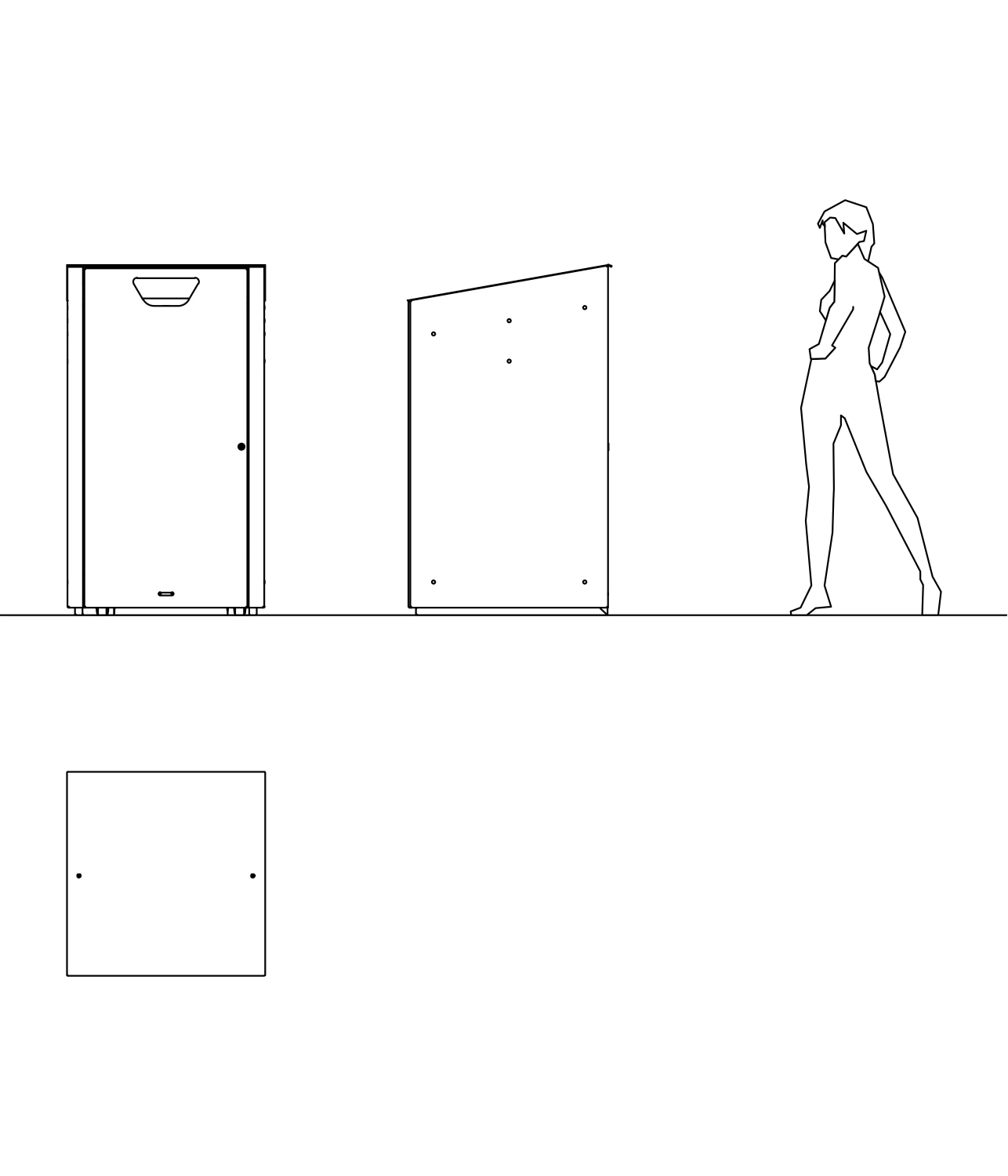 Eine schematische Zeichnung zeigt eine Person neben einem Müllbehälter, welcher in verschiedenen Ansichten dargestellt ist.