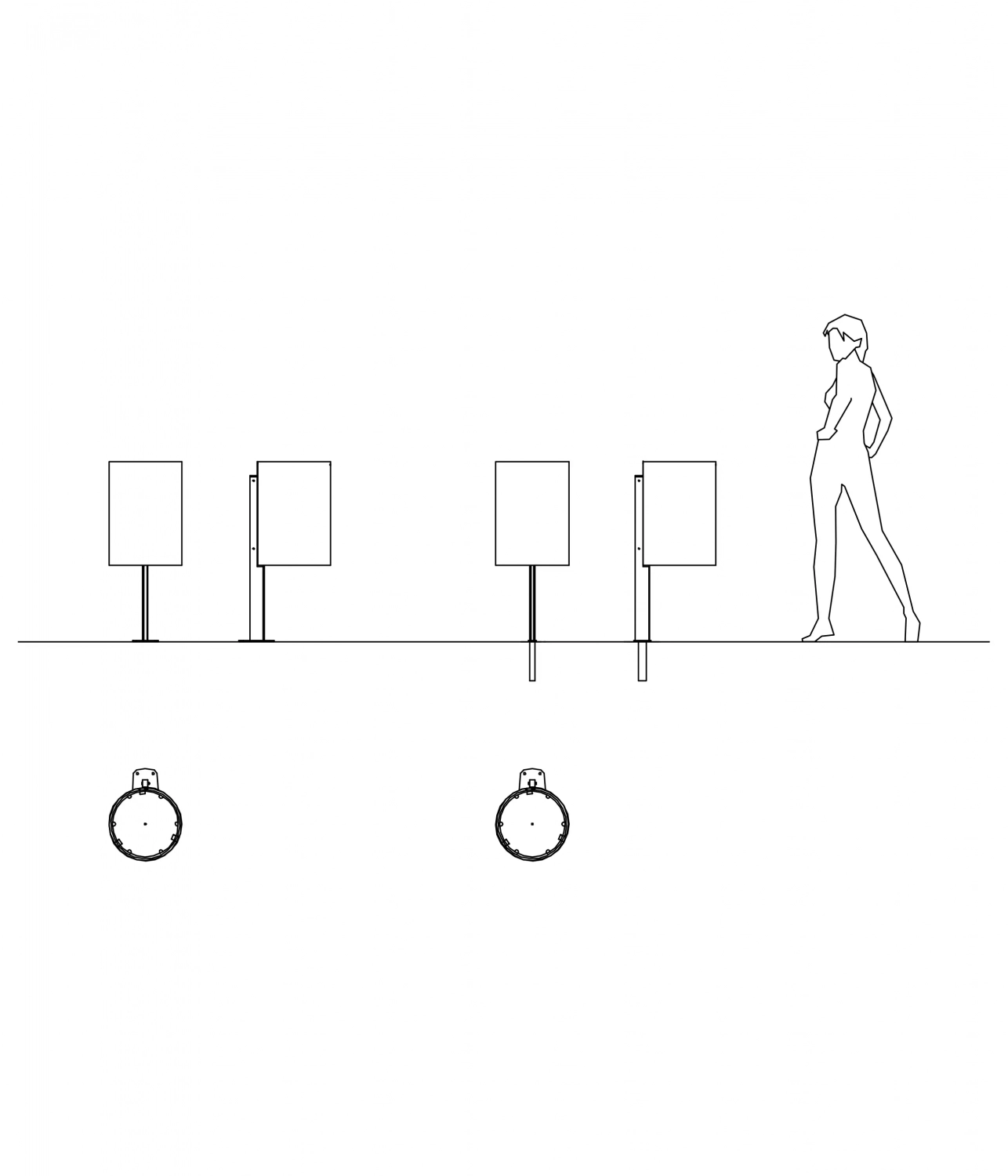 corte-abfallbehaelter-04 Eine stilisierte graphische Darstellung, die eine Person zeigt, die an einer Reihe von aufrechten Schildern vorbeigeht, während zwei Stoppuhren unten dargestellt sind.