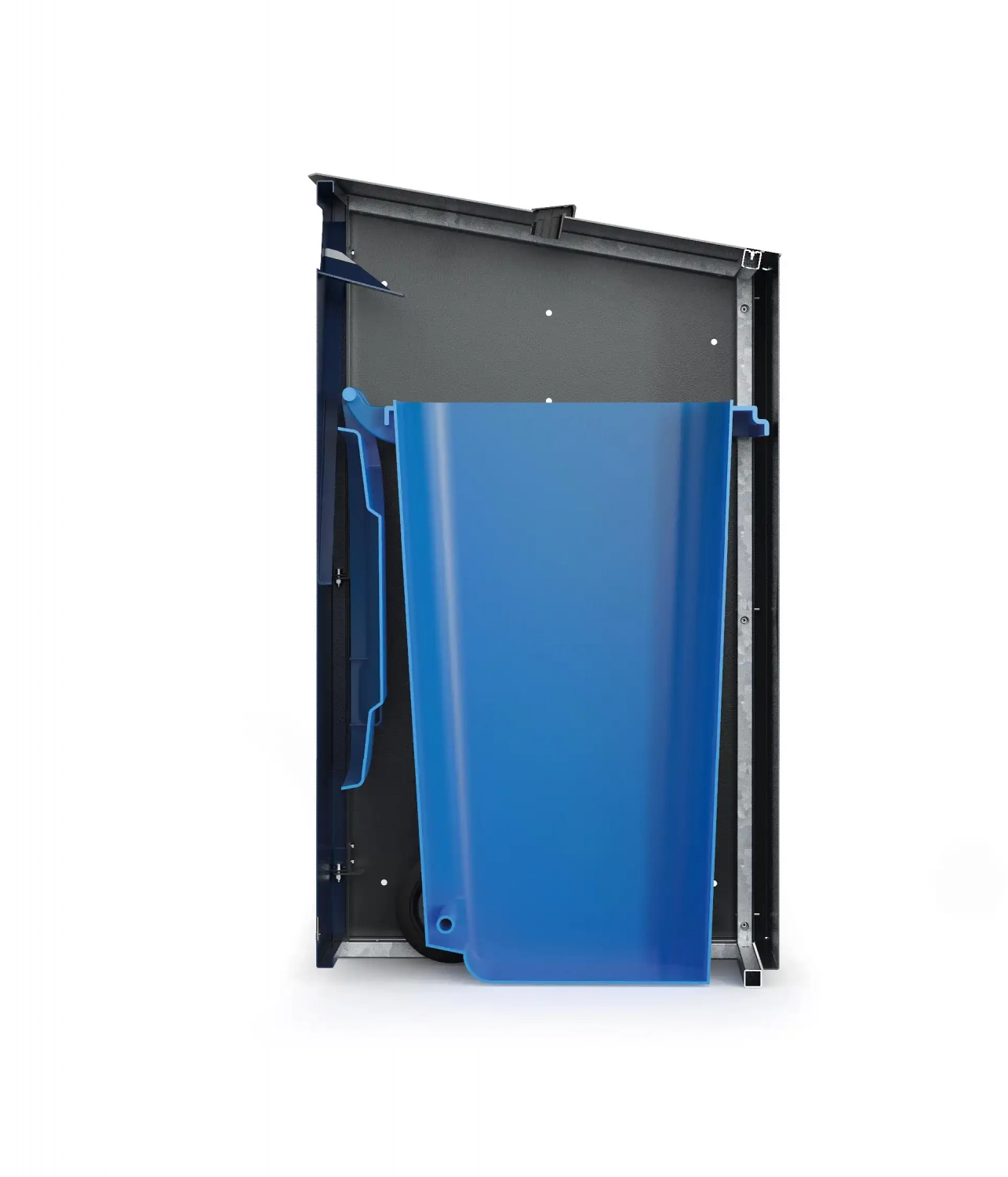 Innenansicht eines Geräts mit einem blauen Behälter, der im unteren Bereich sichtbar ist, während der Rest des Geräts schwarz ist.