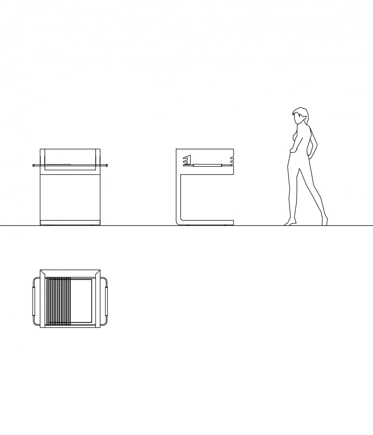 Alt-Text: Skizze von urbanen Einrichtungen, darunter Sitzgruppen, Grills und Trinkwasserbrunnen, mit einer stilisierten Figur in der Nähe.