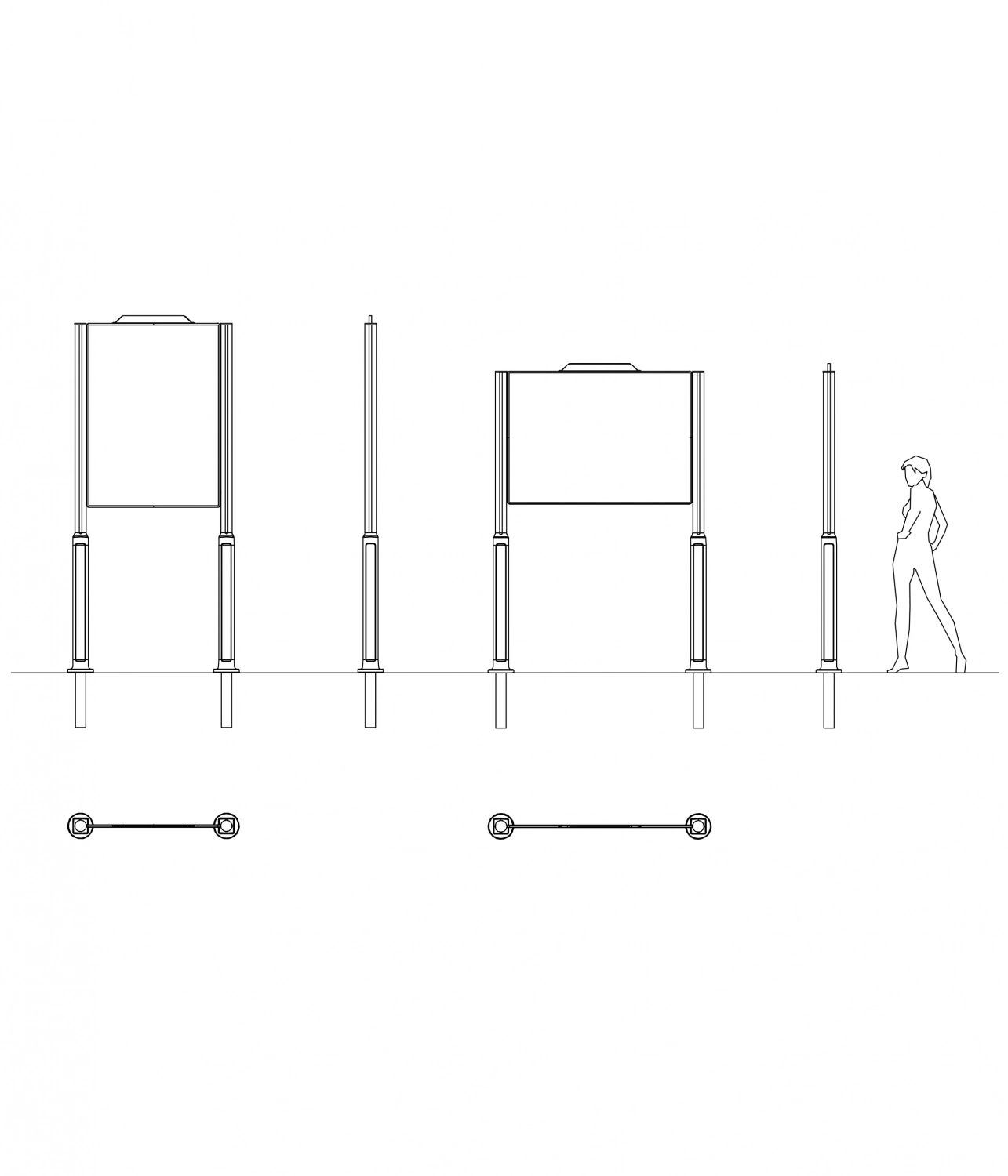 Alt-Text: Technische Zeichnung von Hinweisschildern mit detailierter Ansicht der Ständer und einer Person zur Größenreferenz.