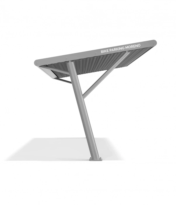 Alt-Text: "Moderne Überdachung für Fahrradparkplätze, grau mit schrägem Dach und stabilen Metallbeinen."