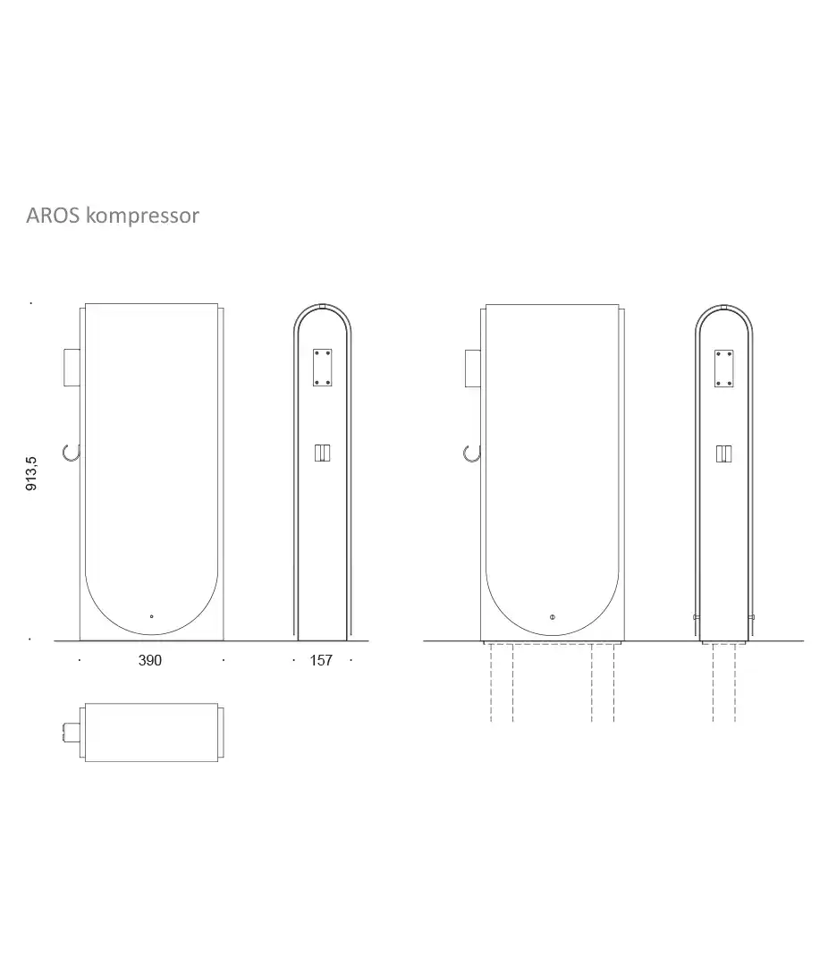 Alt-Text: Technische Zeichnung eines AROS Kompressors, frontal und seitlich dargestellt, mit Dimensionen und Details zur Einrichtung für den Radverkehr.