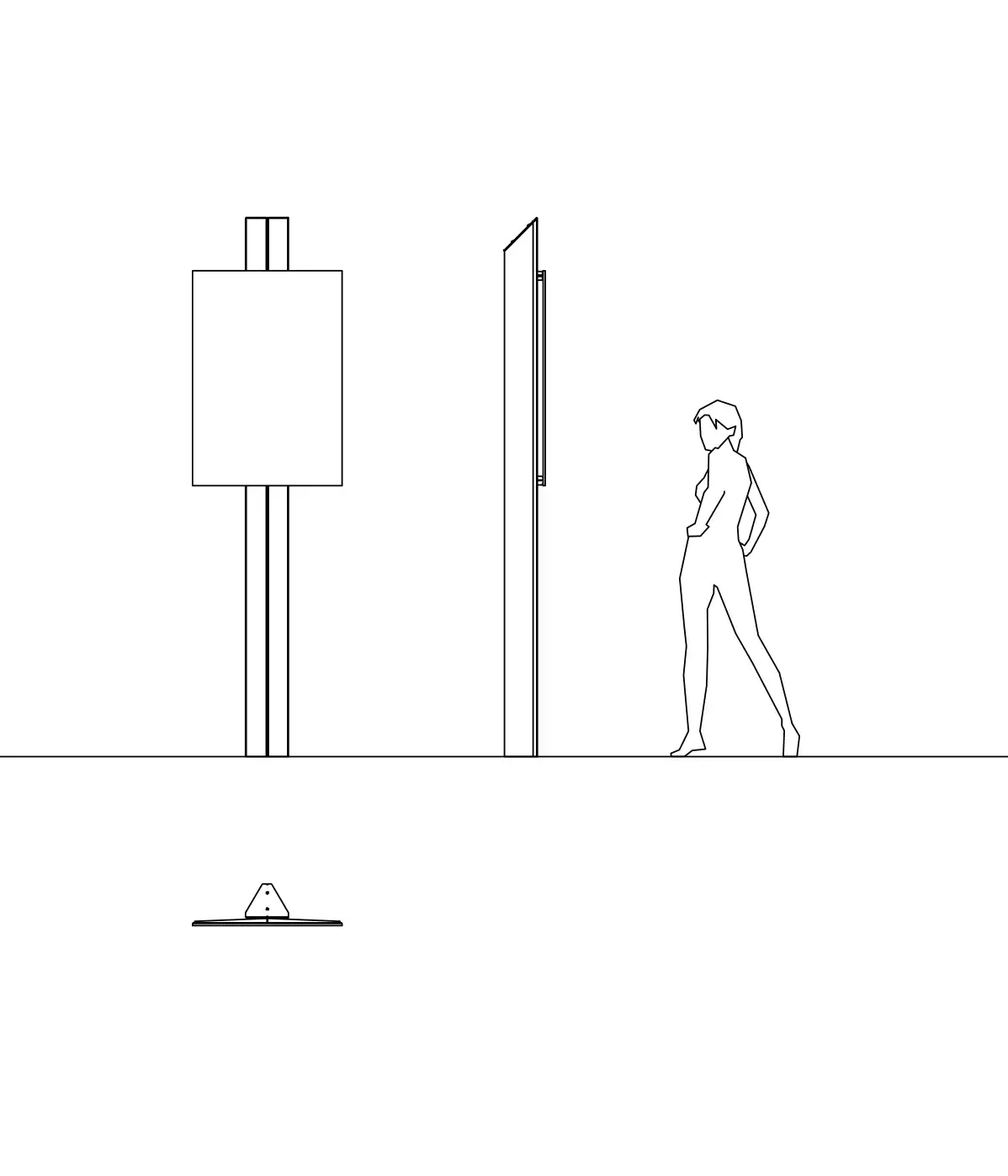 Alt-Text: Eine schematische Darstellung zeigt eine Person, die vor zwei Hinweisschildern steht, während ein drittes Schild am Boden sichtbar ist.