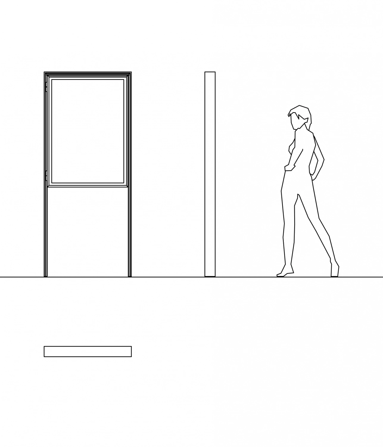 Alt-Text: "Skizze einer Person, die an einem Hinweisschild vorbeigeht, das an einer Wand steht."