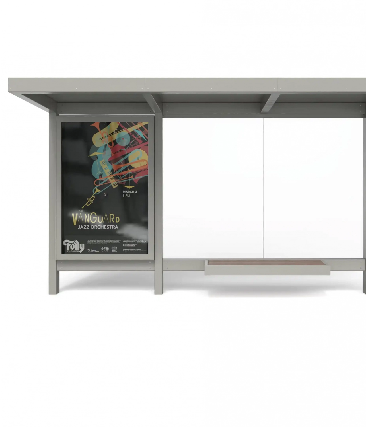 Alt-Text: Moderne Bushaltestelle mit Werbeplakat für ein Jazzkonzert und transparenten Wänden.