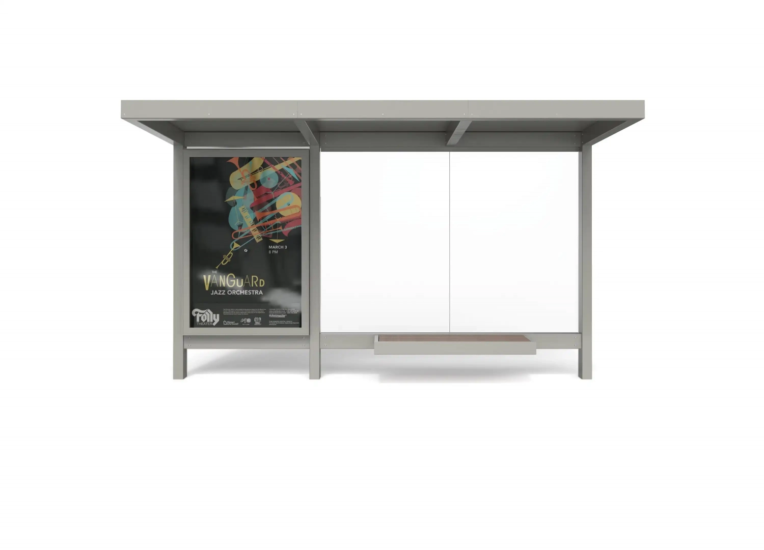 Alt-Text: Moderne Bushaltestelle mit Werbeplakat für ein Jazzkonzert und transparenten Wänden.