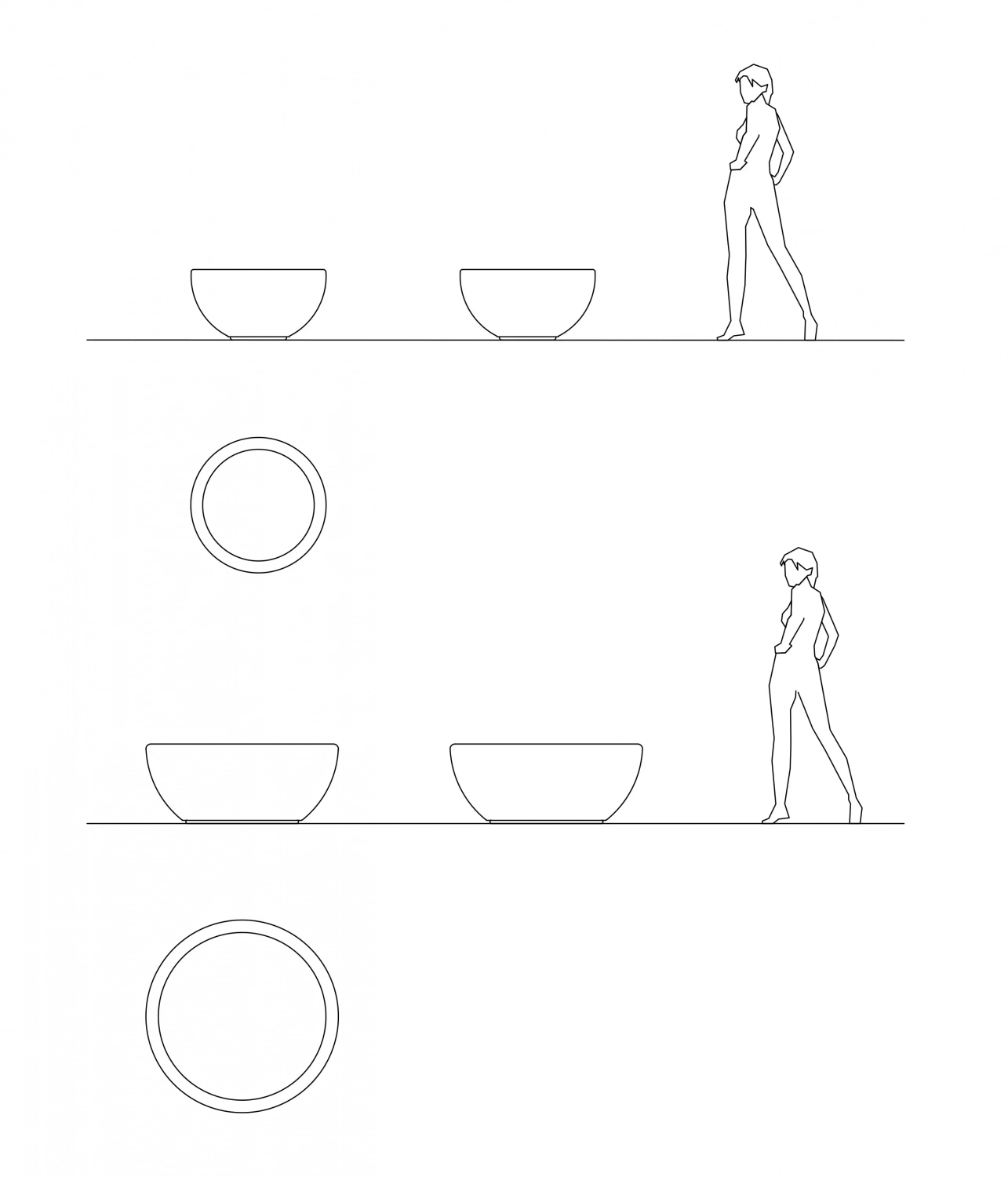 Alt-Text: Schematische Darstellung von Pflanzbehältern in verschiedenen Formen, begleitet von minimalistischen Figuren, die sie betrachten.