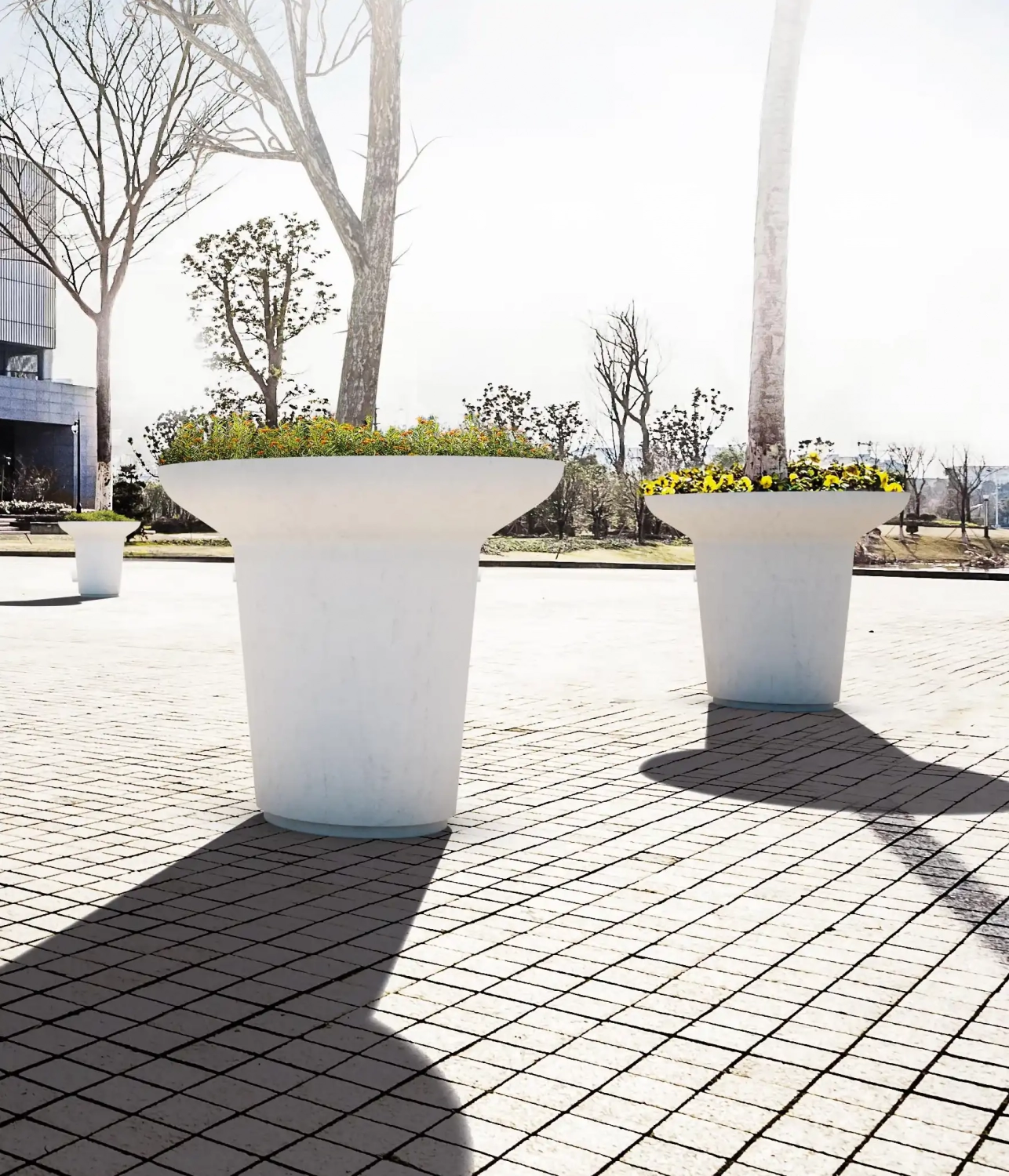 Alt-Text: Zwei stilvolle, weiße Pflanzbehälter mit bunten Blumen, die auf einem gepflasterten Platz stehen. Schatten von Bäumen fallen auf den Boden.