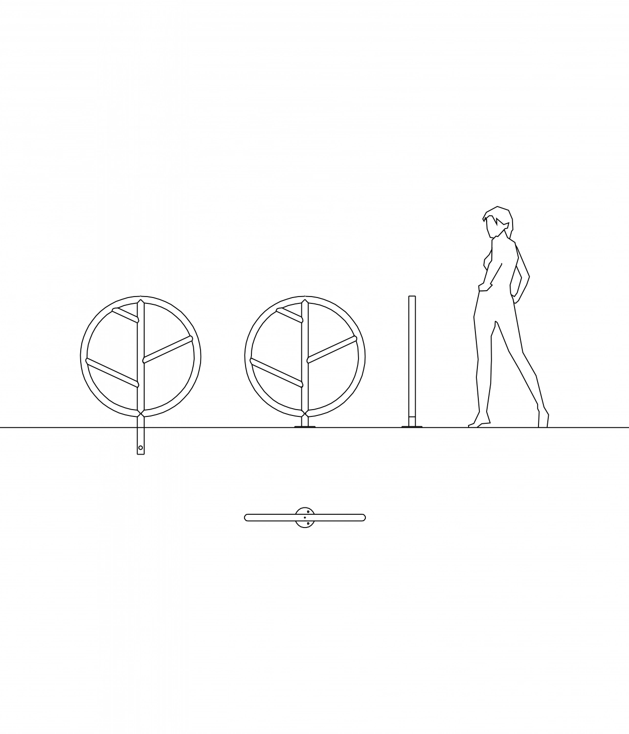 Alt-Text: Skizze von Fahrradständern und einer Reifenpumpe, mit einer Person daneben, die die Einrichtungen für den Radverkehr betrachtet.