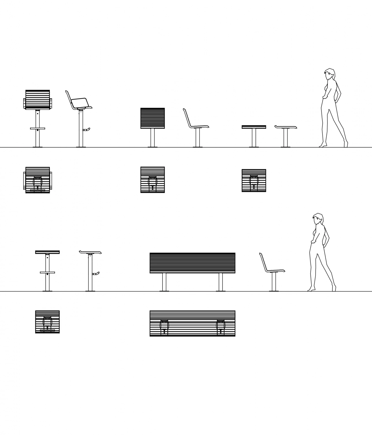 Alt-Text: Stylisierte Darstellung urbaner Möbel, darunter Sitzgruppen, Grills und Trinkwasserbrunnen, angeordnet in einem urbanen Raum.