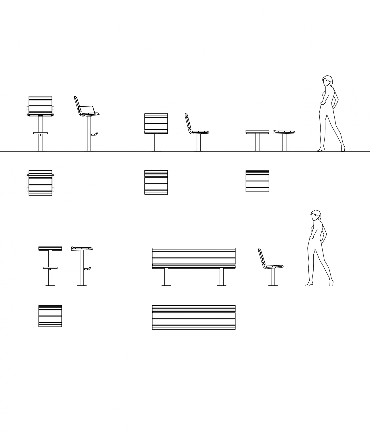 Alt-Text: Skizze urbaner Einrichtungen, darunter Sitzgruppen, Grills und Trinkwasserbrunnen, dargestellt in einer minimalistischen Liniengrafik mit menschlicher Figur zur Größenveranschaulichung.