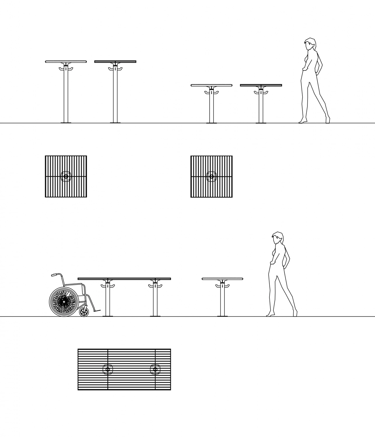 Alt-Text: Strategische Darstellung urbaner Einrichtungen, darunter Sitzgruppen, Grills und Trinkwasserbrunnen, angeordnet in einem klaren, schematischen Layout.