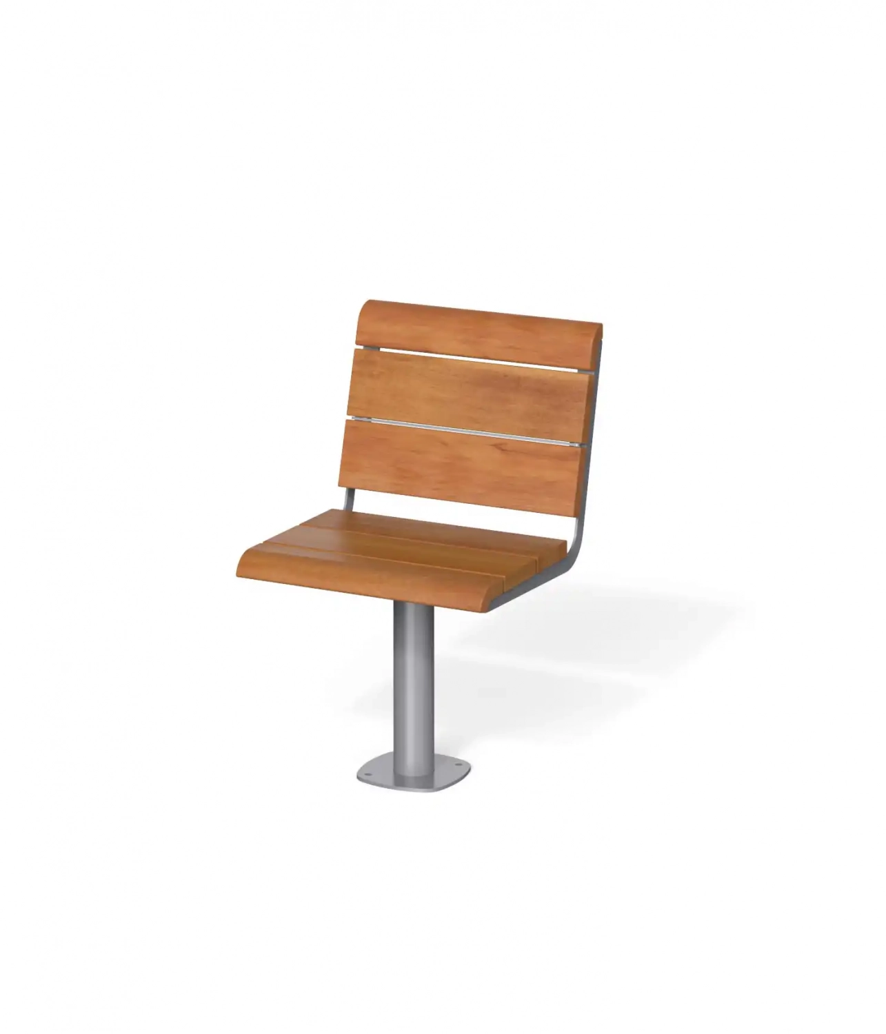 Alt-Text: Moderner, urbaner Sitzplatz mit einer Holzfläche und einem stabilen Metallgestell, ideal für öffentliche Aufenthaltsräume.